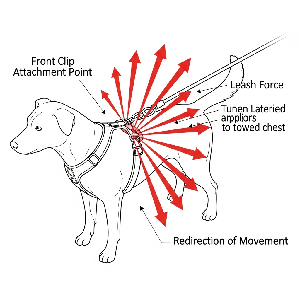 A diagram illustrating the redirection physics of a front-clip harness.